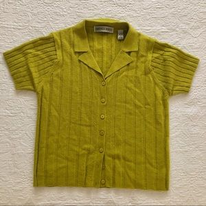 Chartreuse Knit Short Sleeve Collared Sweater